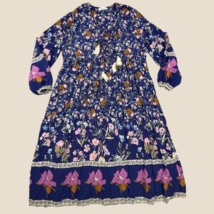R.Vivimos Midi Dress Female Extra Large Blue Floral Boho Tassel Long Sleeve